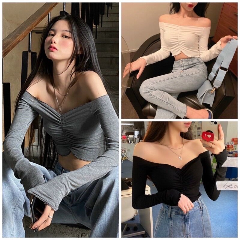 Áo kiểu thun croptop trễ vai tay dài chít thun cá tính cho nữ