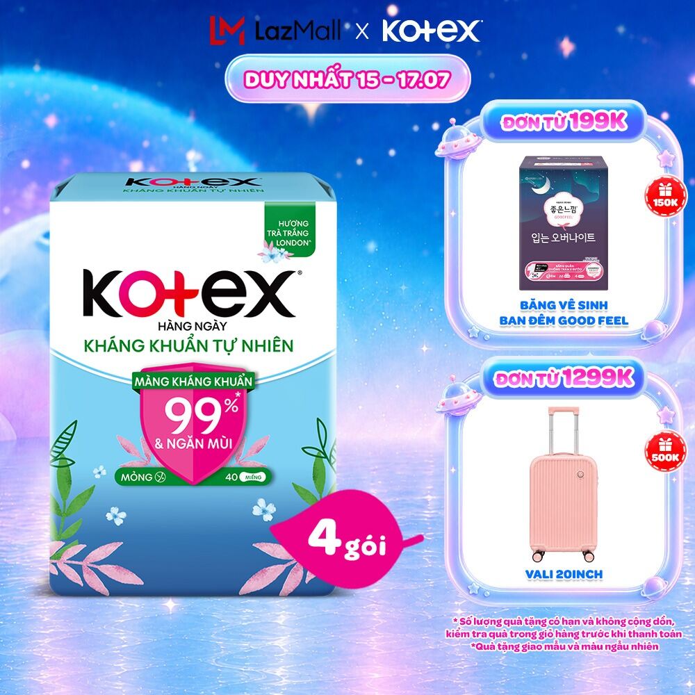 Combo 4/Combo 8 gói băng vệ sinh Kotex hằng ngày kháng khuẩn không cánh (40M/gói)