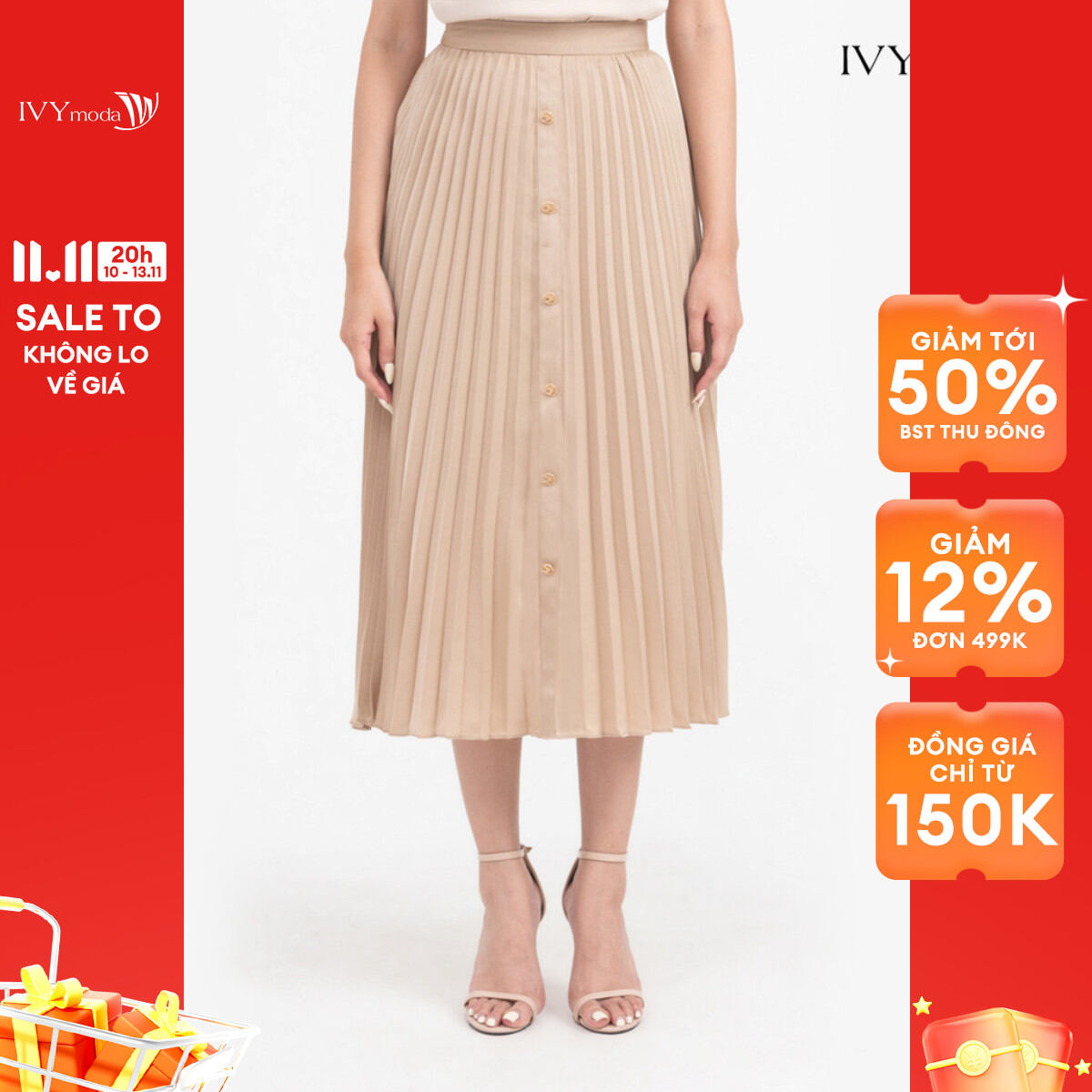 Chân váy lụa xếp ly 2 lớp IVY moda MS 31M7729
