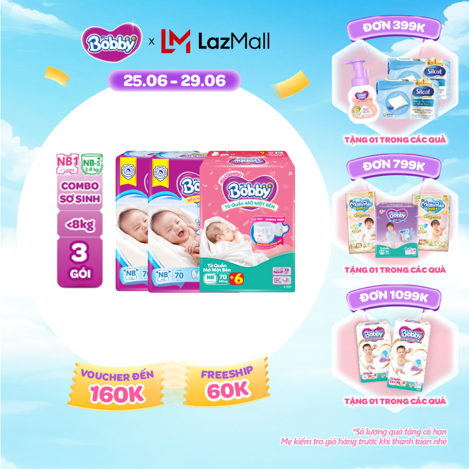 [SALE CUỐI THÁNG tặng QUÀ TO-SLCH][TẶNG MIẾNG NGẪU NHIÊN] Combo sơ sinh gồm 02 gói Tã dán Bobby NB70 miếng và  01 gói Tã quần mở một bên NB-S 74 miếng