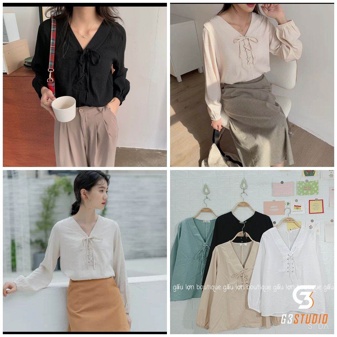 Áo sơ mi kiểu cổ v đan dây ngực vintage