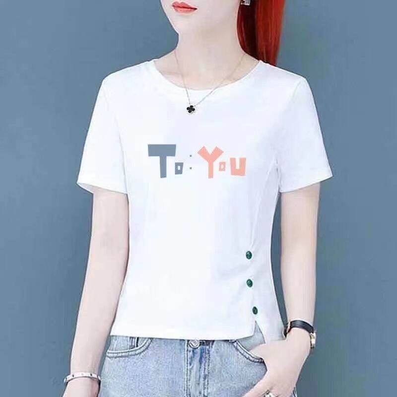 Áo Thun Nữ Tay Ngắn Mùa Hè 2024 Phong Cách Hàn Quốc Dáng Rộng Đa Năng Không Đều Thời Trang Thường Ngày Cổ Tròn in Họa Tiết