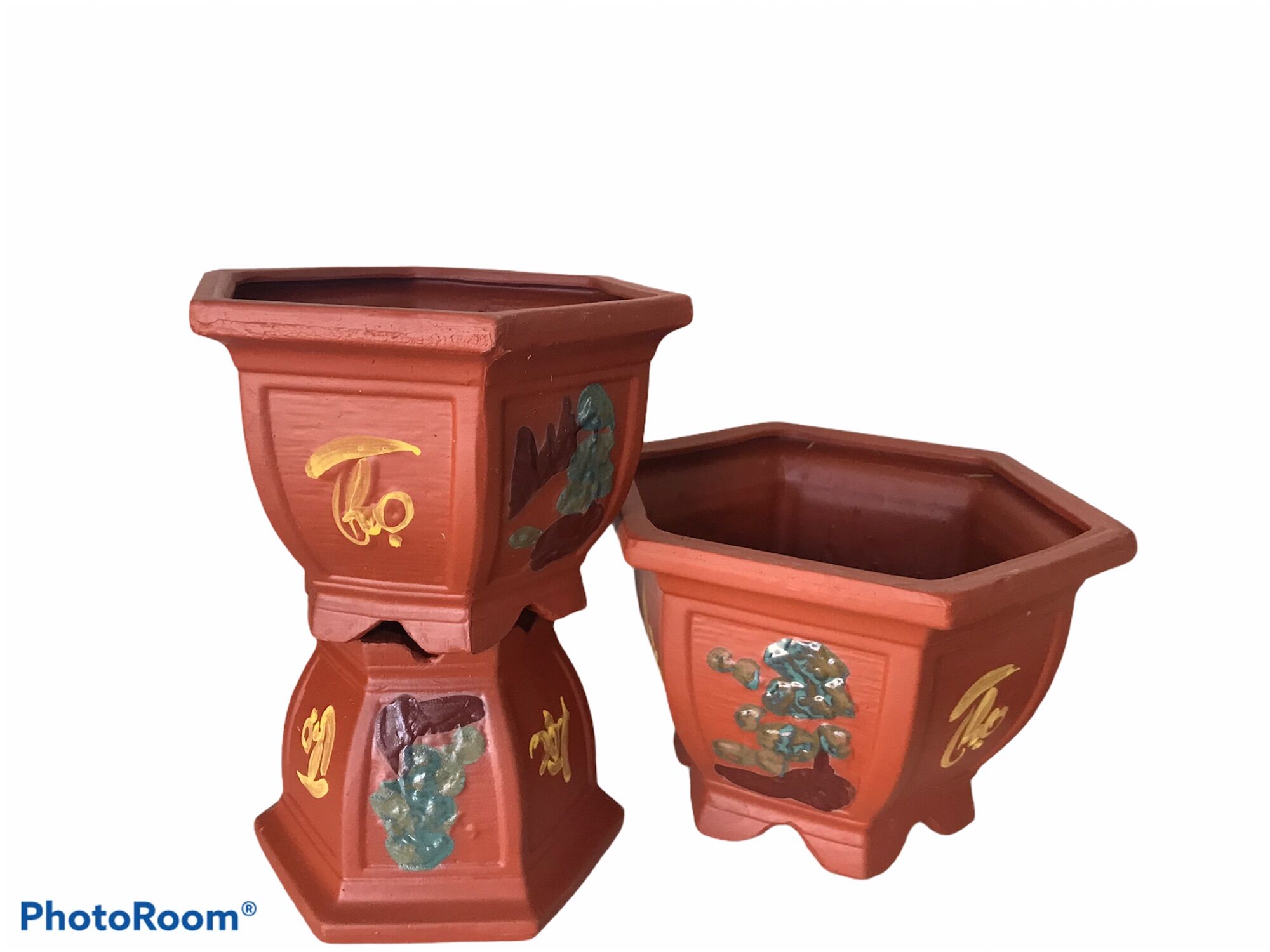 Bộ 3 chậu đất nung bonsai lục giác.