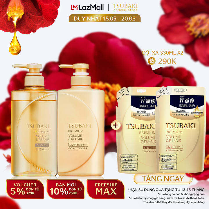 Bộ đôi Gội xả Phục hồi hư tổn ngăn rụng tóc Tsubaki Premium Repair 490mlx2