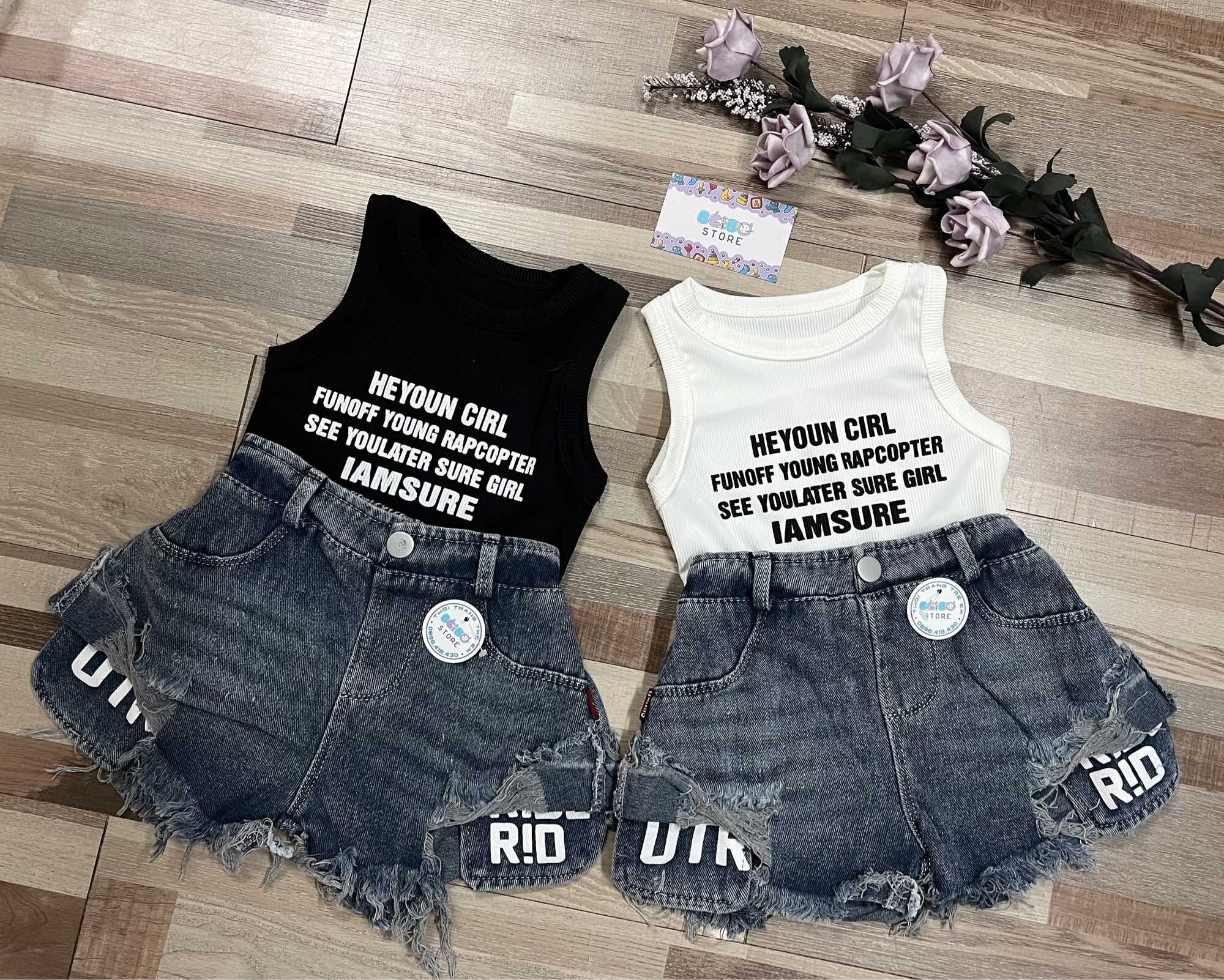 Bộ áo thun ba lỗ và quần short jean cá tính siêu đáng yêu cho bé gái
