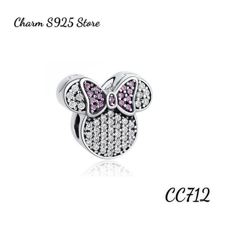 Charm pan ale charm chặn đầu mickey đính đá trắng nơ hồng bạc s925
