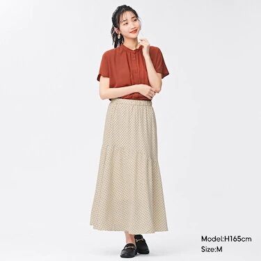 Nữ - Chân váy midi dáng dài xếp tầng họa tiết chấm bi cạp chun