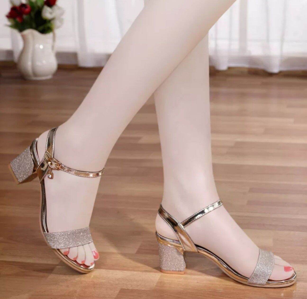 Giày sandan gót vuông kim tuyến 5f ms01
