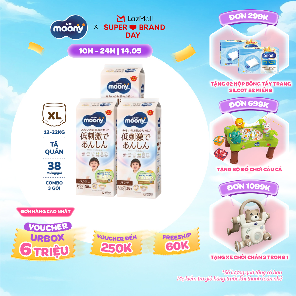 [SALE GIỮA THÁNG tặng QUÀ TO-SLCH] [Gói Jumbo - Mới] Combo 3 tã quần Moony dịu nhẹ XL38 miếng - Nhập khẩu từ Nhật Bản