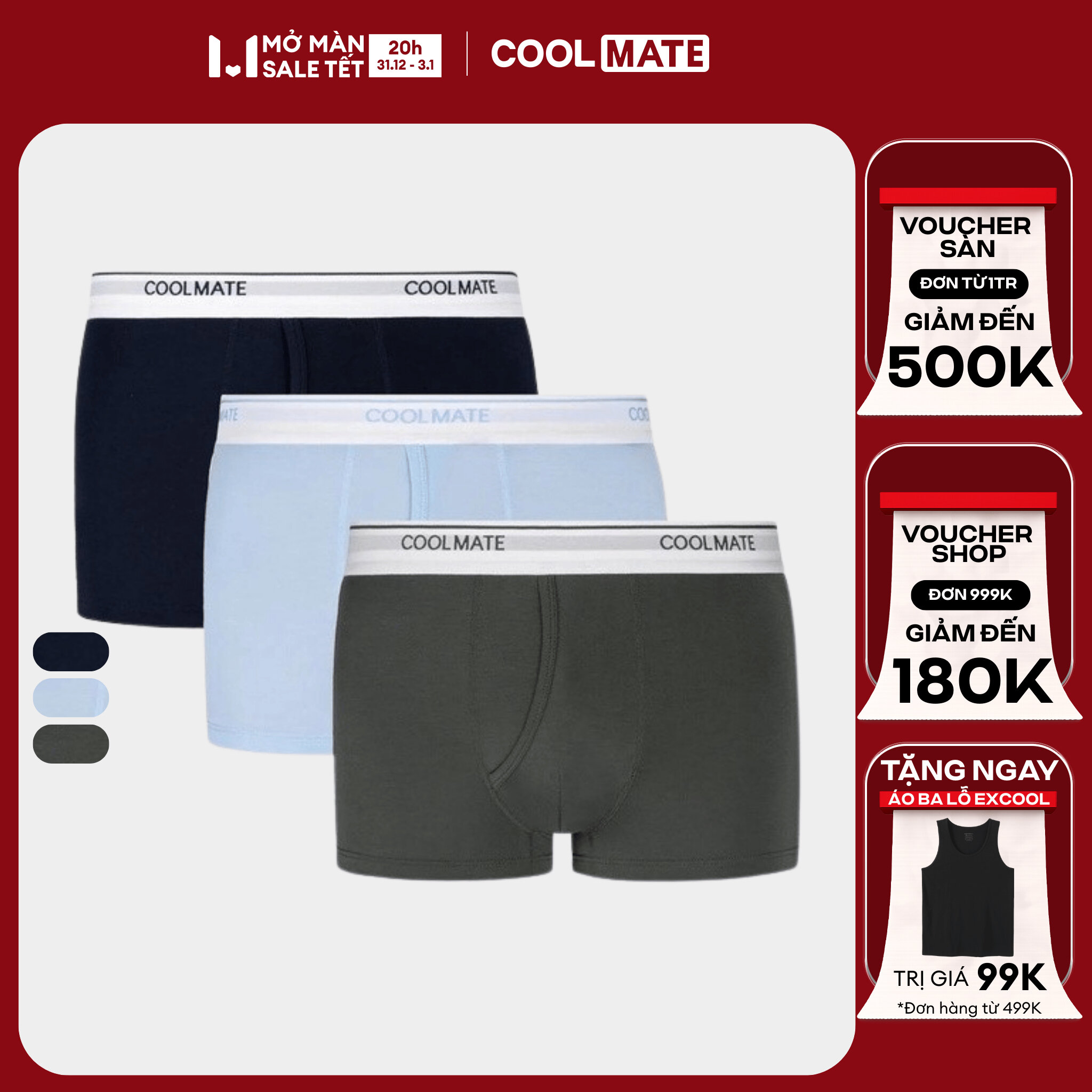 DUY NHẤT 20h 31.12-3.1 TẶNG QUÀ ĐƠN TỪ 299K Combo 03 quần lót nam khe moi Bamboo Trunk kháng khuẩn khử mùi - Coolmate
