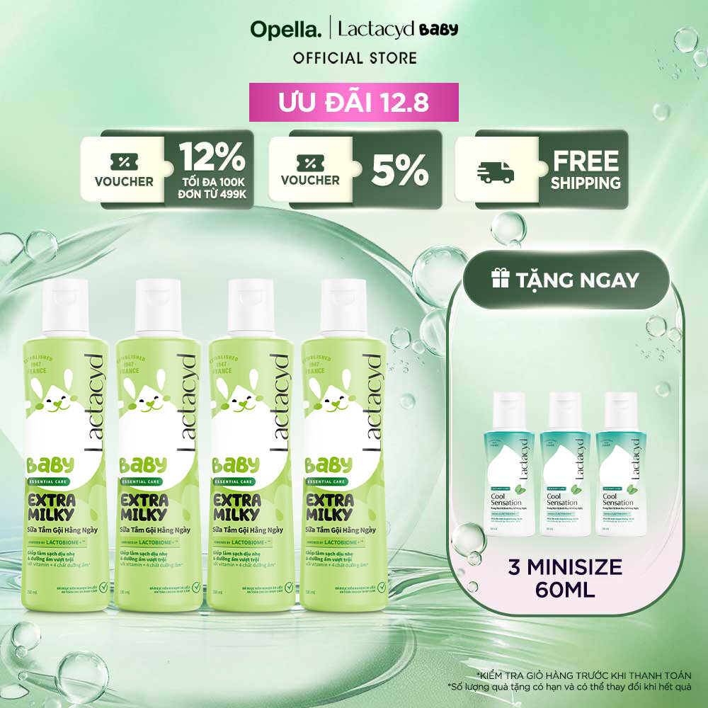Bộ 4 chai Sữa Tắm Gội Trẻ Em Lactacyd Baby Extra Milky Làm Sạch Dịu Nhẹ và Dưỡng Ẩm Vượt Trội 250ml/chai