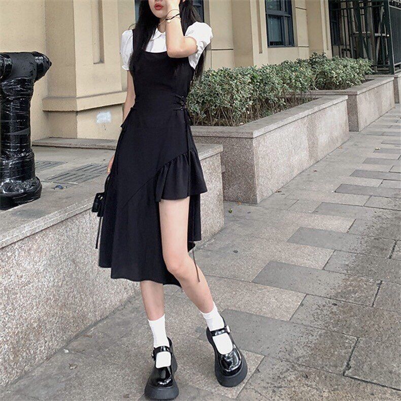 Váy đen maxi trễ vai dáng xoè tay dây thả trẻ trung