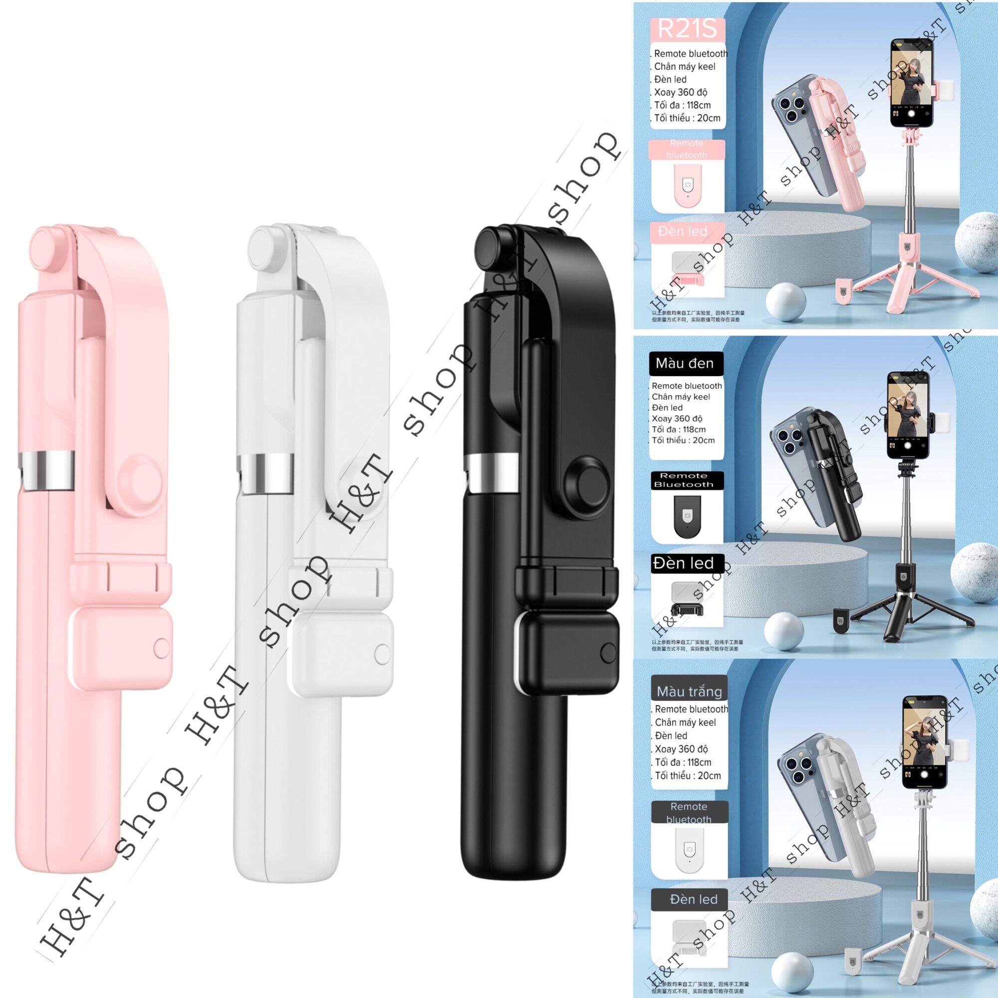 Gậy chụp hình r21s 3 chân tích hợp đèn led selfie + remote chụp hình