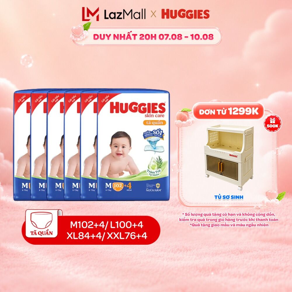 Combo 6 Tã/bỉm quần Huggies Skin Care Mega Jumbo M102/L100/XL84/XXL76 +4 miếng với tràm trà dịu da