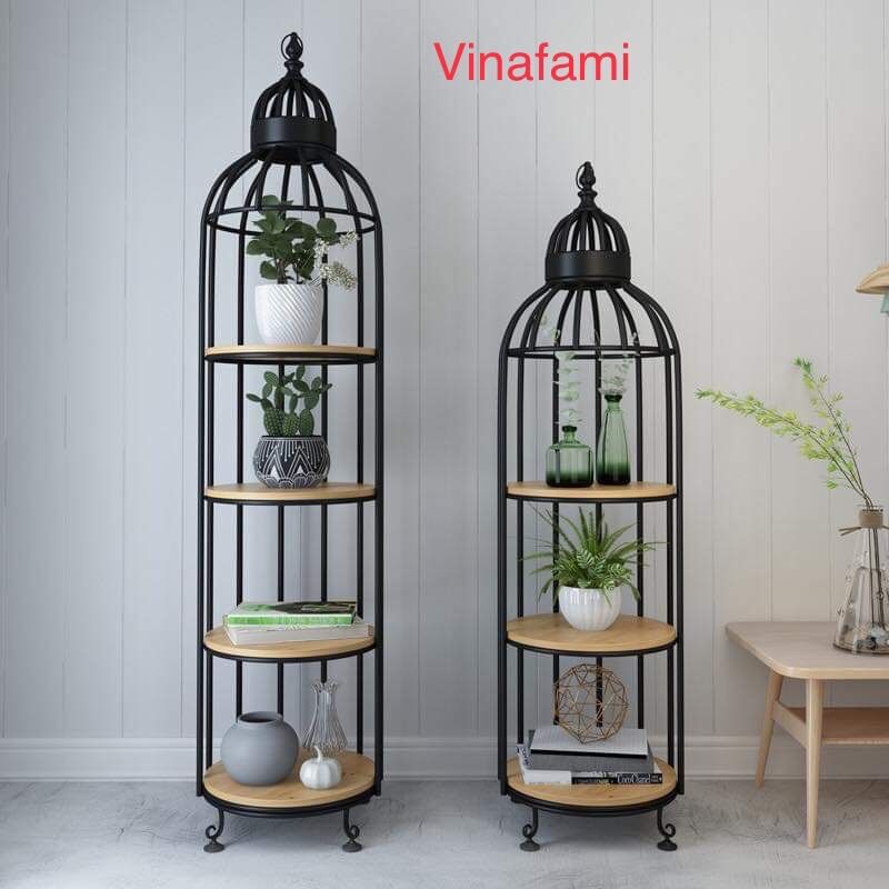 kệ lồng chim 4 tầng_ khung vàng mặt gỗ