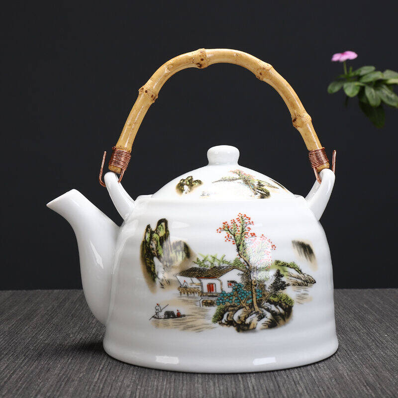 Large Capacity Ceramic Teapot Loop-Handled Teapot Kettle Teapot 1000 Jingdezhen High Grade and White Porcelain Restaurant Teapot