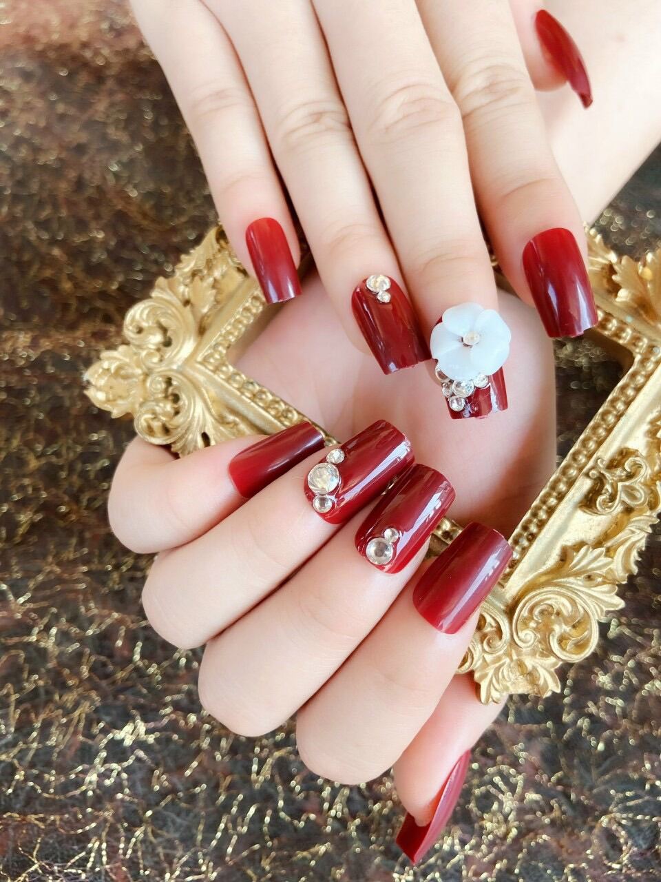 bộ móng tay giả nail box màu đỏ đính đá thiết kế kèm keo | Shopee Việt Nam