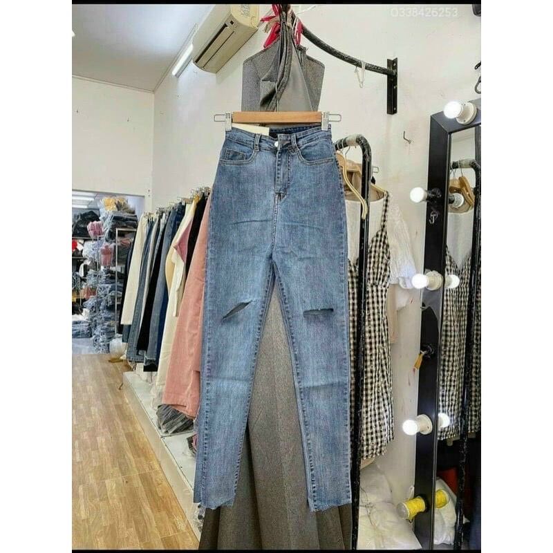 Quần jeans RÁCH GỢN SÓNG lưng siêu cao