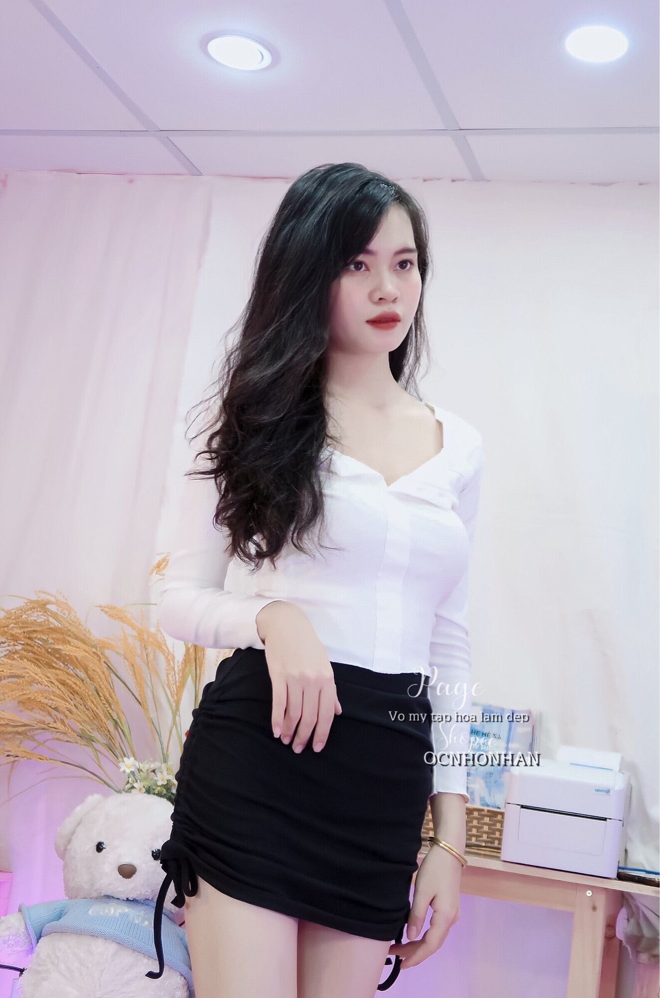 Set áo tay dài nút phối chân váy rút dây