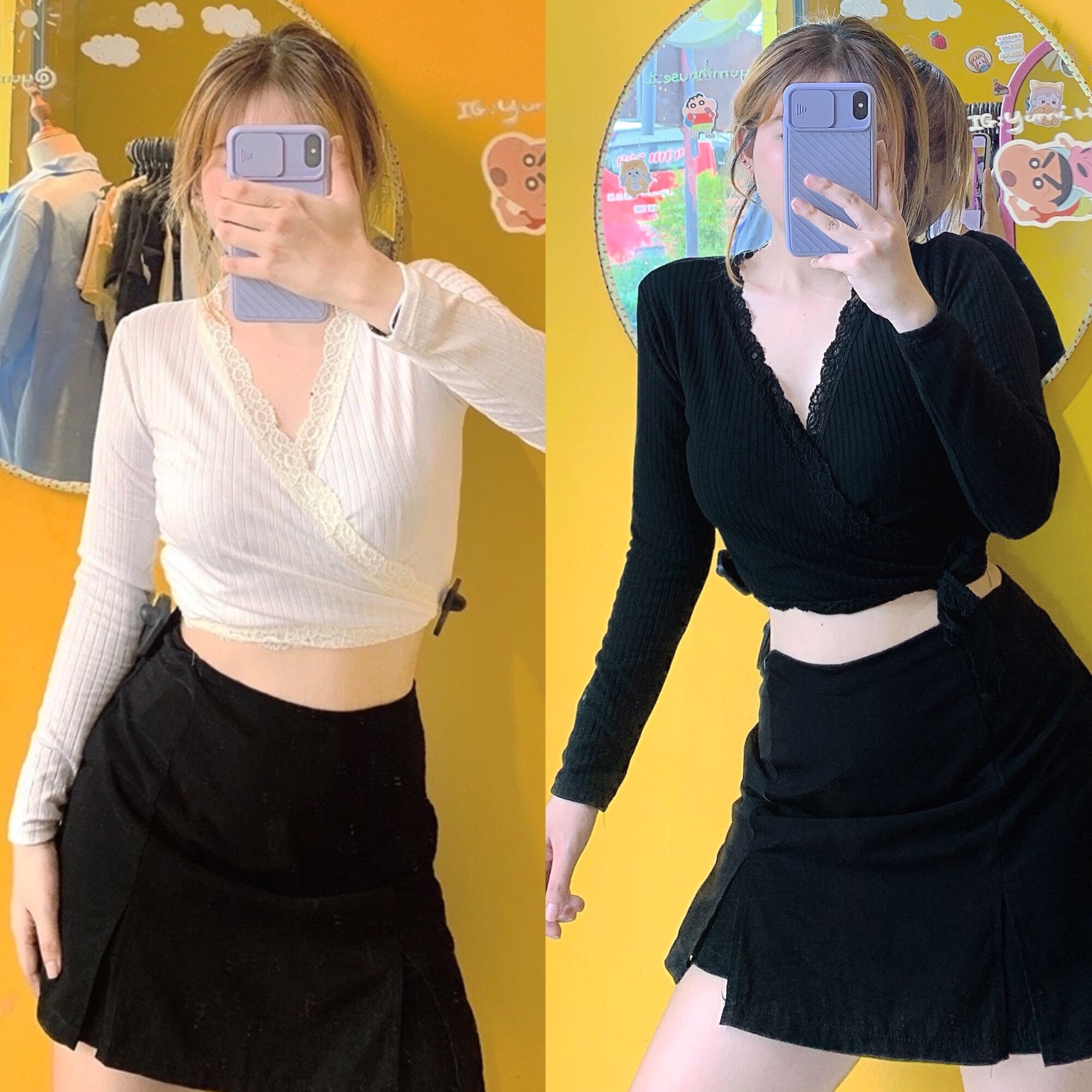 Áo croptop tay dài thun gân đắp chéo hàng đẹp số lượng có hạn