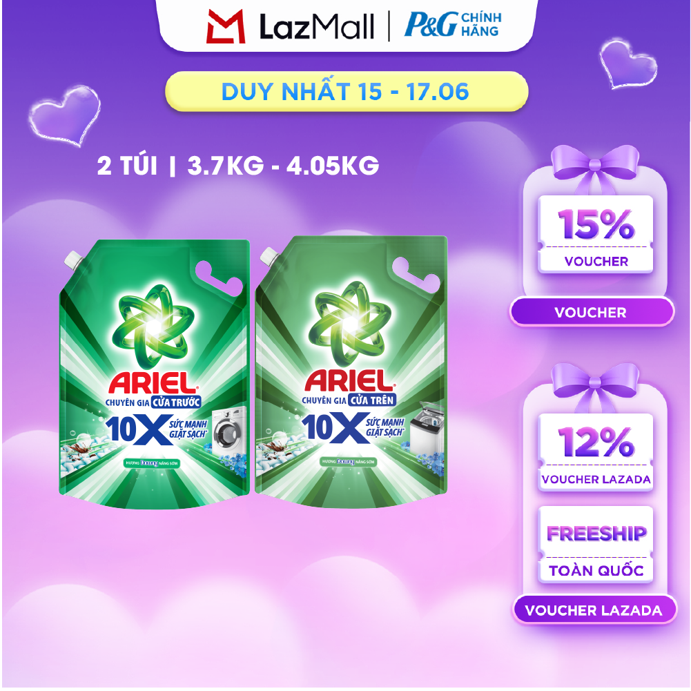 Combo 2 Nước Giặt Gel ARIEL 10X Sức Mạnh Giặt Sạch Chuyên Gia Cửa Trước-Cửa Trên Hương Downy Nắng Sớm Túi 3.7KG/ 4.05KG