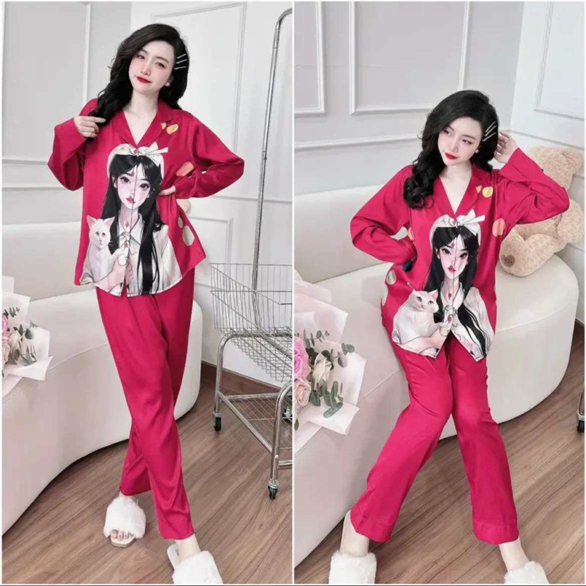 Đồ Bộ Lụa Xước Ánh Kim in 5D Bigsize 55-90kg - Tay dài quần dài