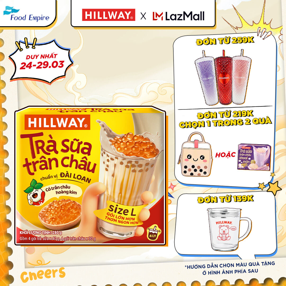 Trà Sữa Trân Châu Hoàng Kim - Hillway - Chuẩn vị Đài Loan size L (hộp 4 gói trà sữa 4 gói trân châu)