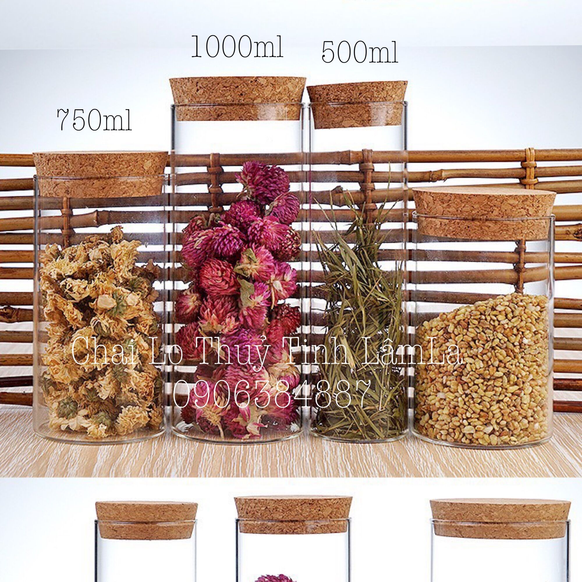 Hũ Thuỷ Tinh Tròn Trụ Nắp Gỗ Ép 500ml 750ml 1000ml | Lọ Trang Trí , Đựng Trà Hoa