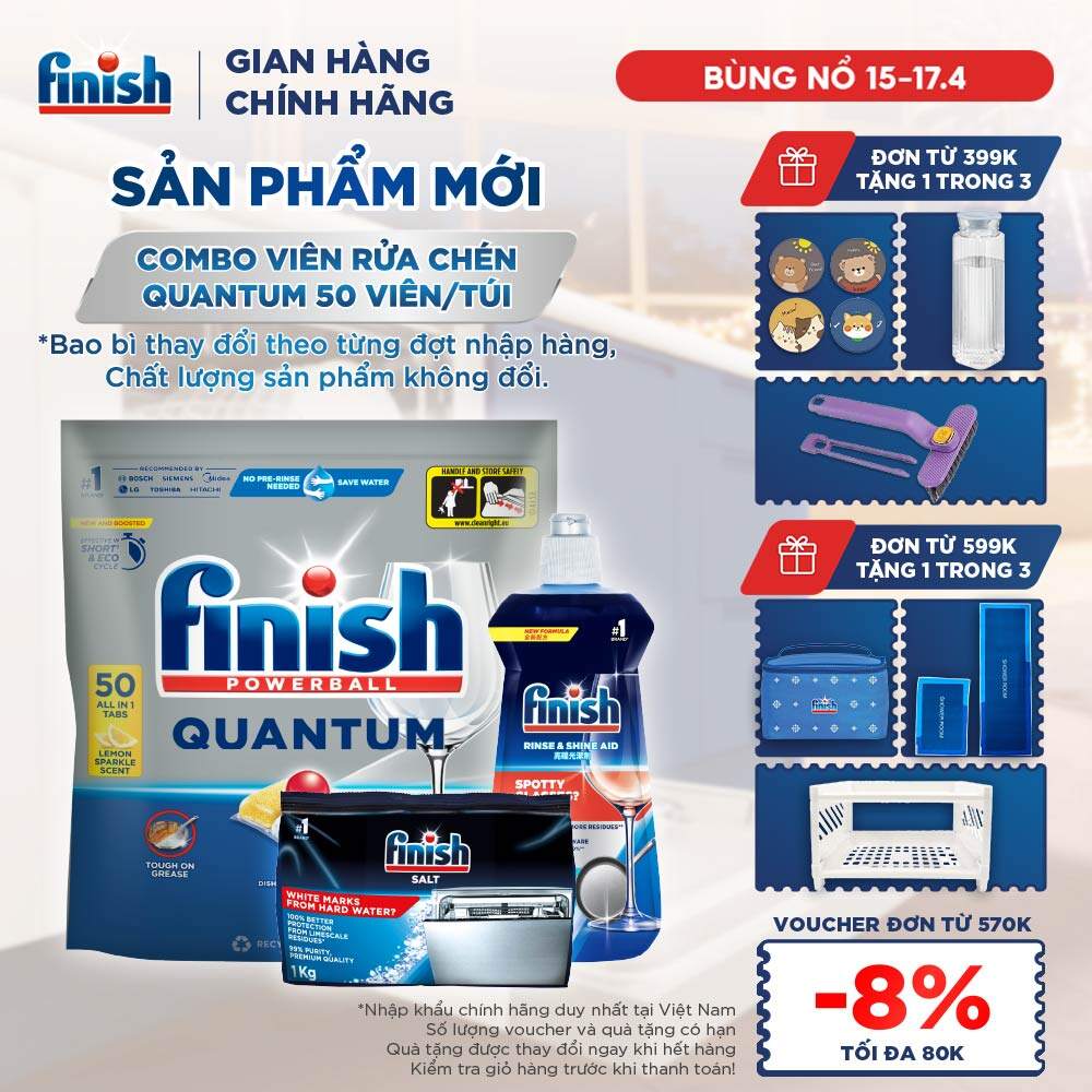 Combo Finish: Viên Rửa Chén Bát Finish Powerball Quantum 50 viên + Nước Làm Bóng 500ml + Muối Rửa Chén Bát 1kg