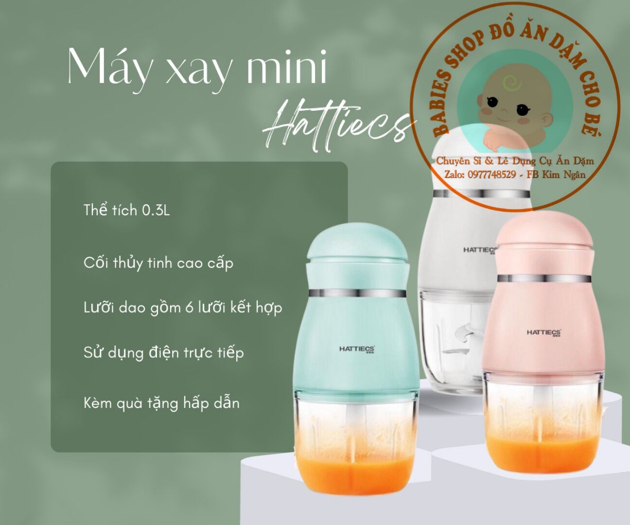 Máy xay mini Hattiecs 6 lưỡi chuyên dùng xay thực phẩm cho bé ăn dặm. Hàng cực hot