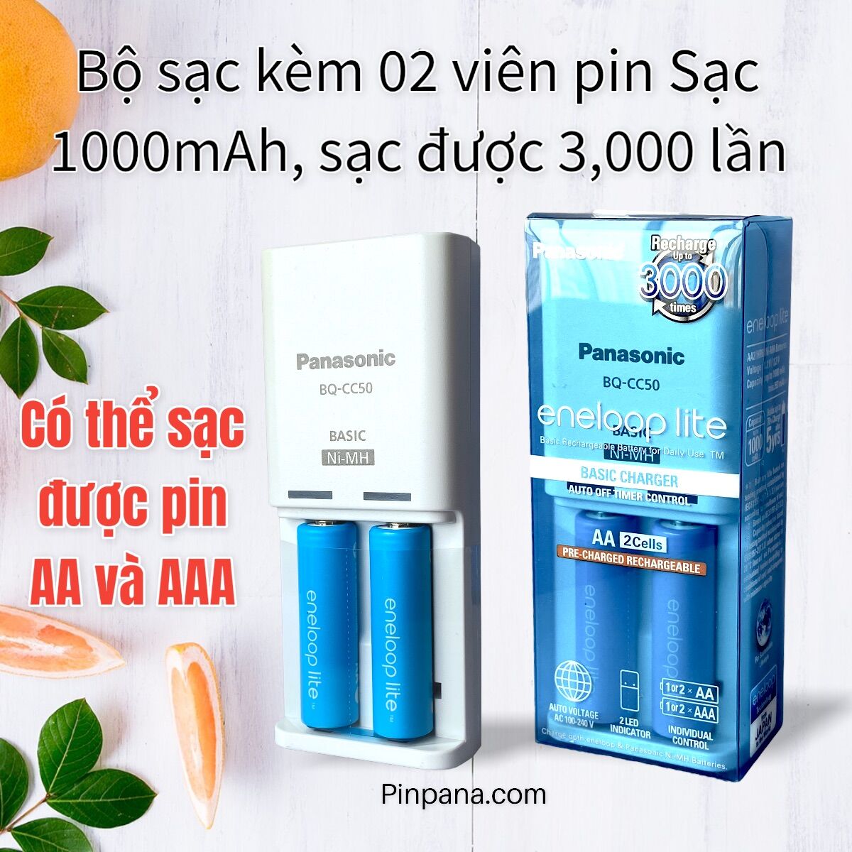 Bộ sạc eneloop lite panasonic, sạc đầy 2 pin aa trong 5 giờ, kèm 02 pin sạc 3000 lần bk3l