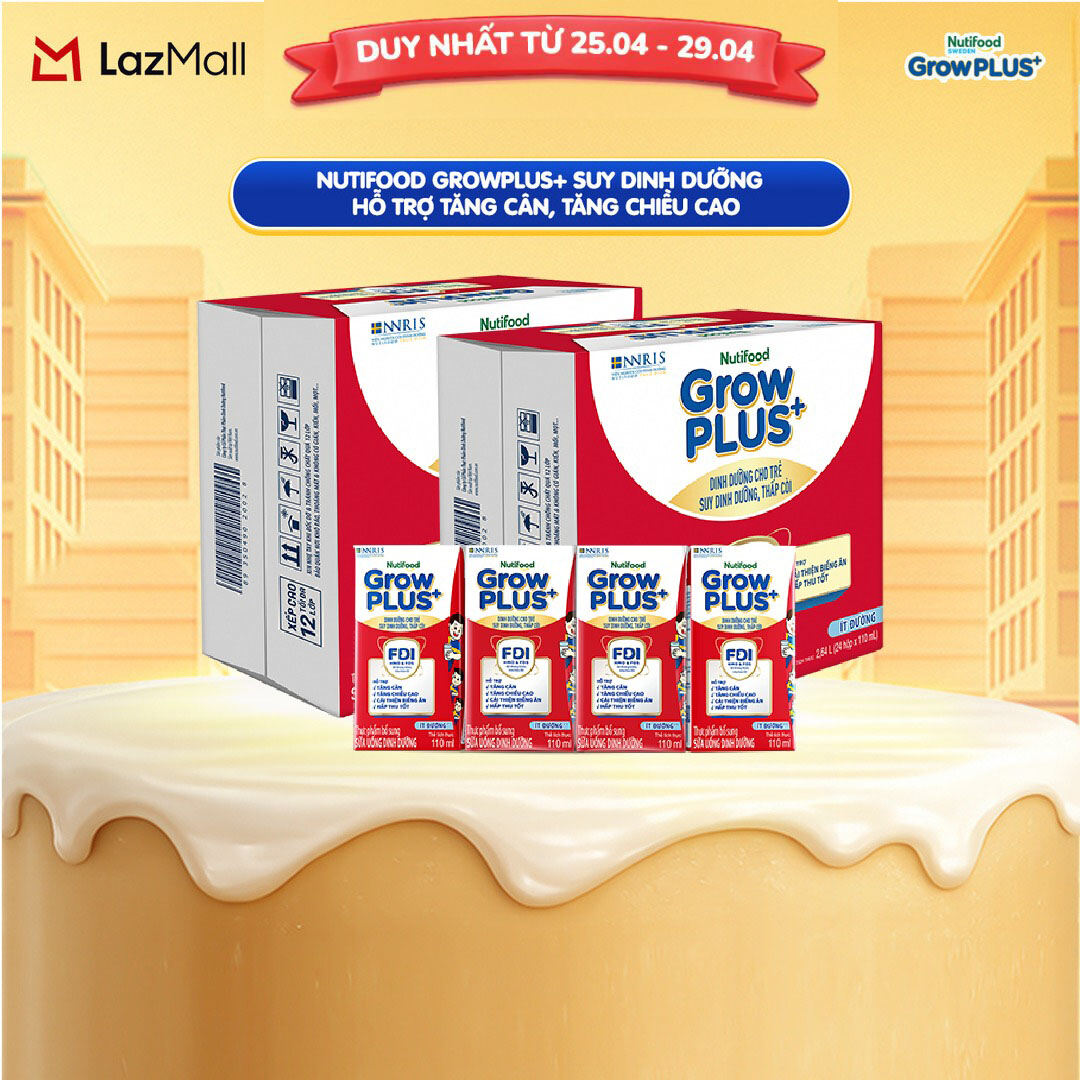 Thùng Sữa Bột Pha Sẵn Nutifood GrowPLUS+ Suy Dinh Dưỡng - Hỗ Trợ Tăng Cân, Tăng Chiều Cao Ít Đường (2x24 Hộp x 110ml) (Bao bì tùy đợt nhập hàng)