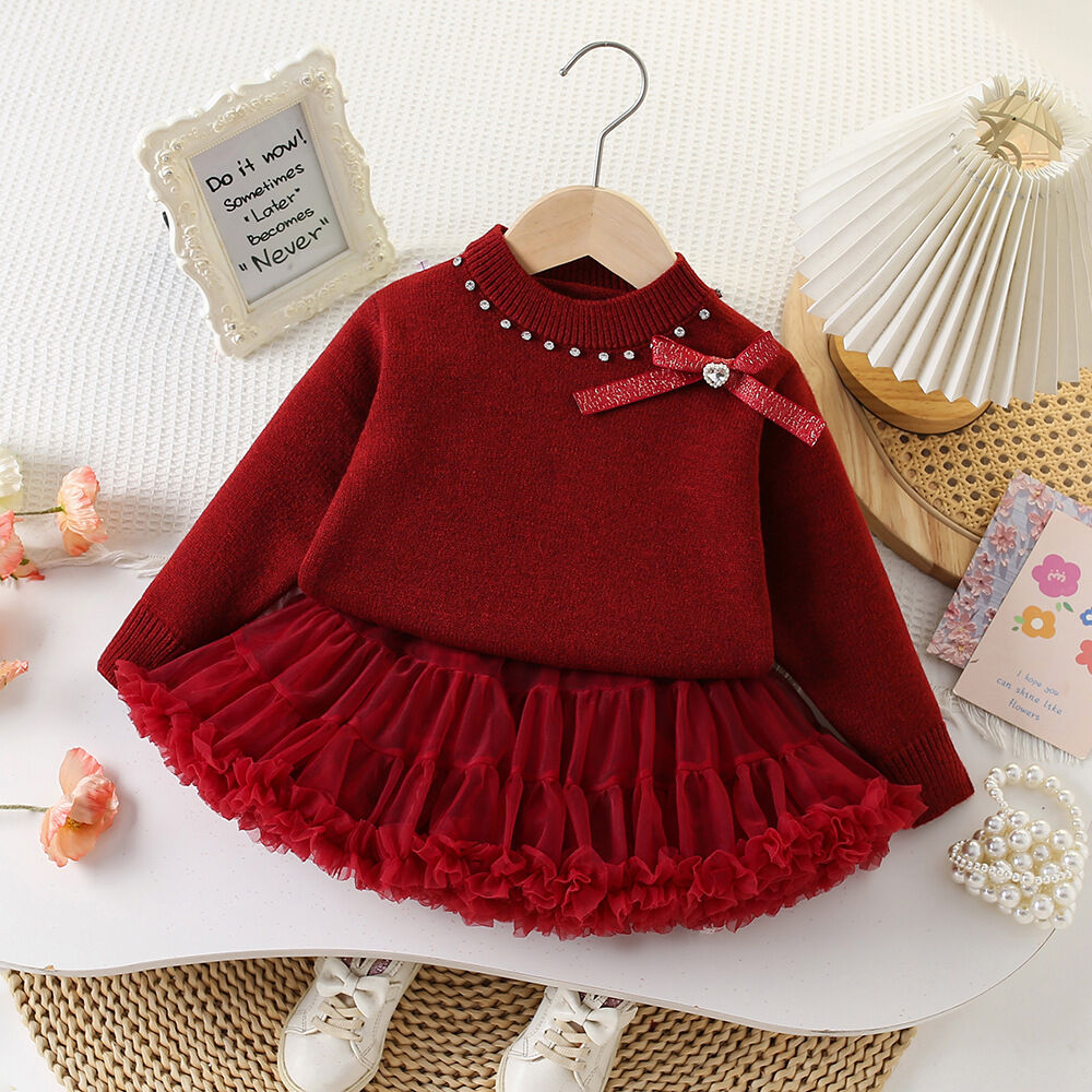 Red Celebration Knitted Cardigan Mesh Puffy Skirt Childrens Clothing Special Offer Baby Bé Gáis Fest