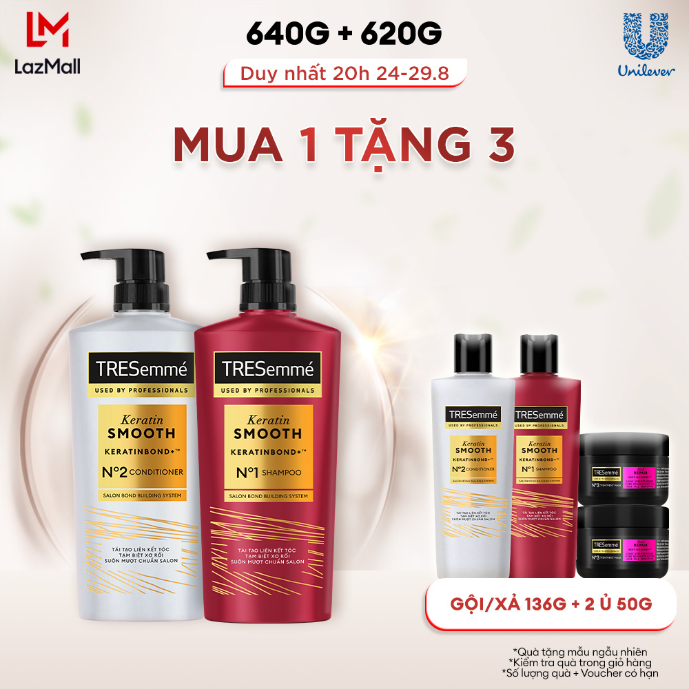 Combo Dầu Gội Và Dầu Xả TRESemmé Keratin Smooth Keratinbond+ Cho Tóc Khô Xơ Rối Vào Nếp Suôn Mượt 640g, 620g