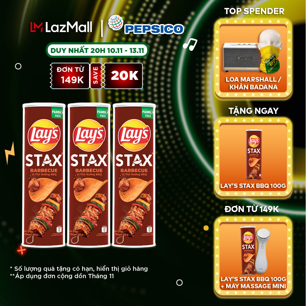 Combo 3 Lays Stax Khoai Tây Miếng Vị Thịt Nướng BBQ 155G