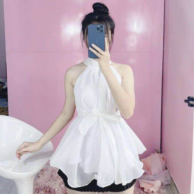 Áo Cổ Yếm Xòe Cột Nơ Voan Kiếng tiểu thư