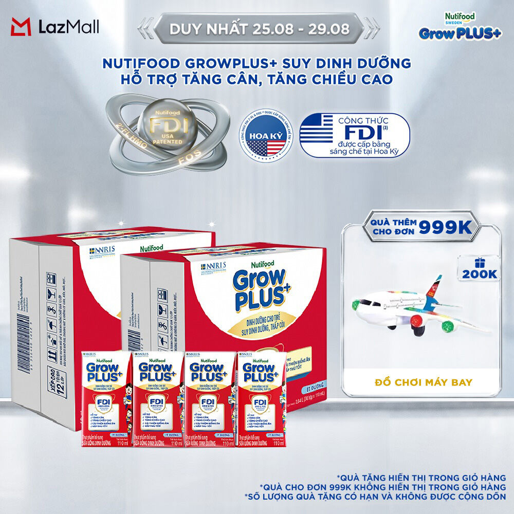 Combo 2 Thùng 24 hộp Sữa Nước Pha Sẵn Nutifood GrowPLUS+ Suy Dinh Dưỡng (Đỏ) - Hỗ Trợ Tăng Cân, Tăng Chiều Cao Ít đường 110ml - Trên 1 tuổi (Bao bì tùy đợt nhập hàng)