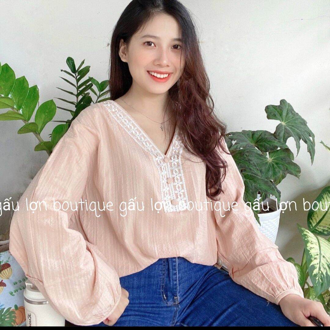 áo sơ mi kiểu cổ v cúc bọc vintage ảnh thật