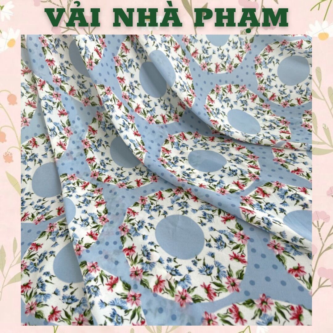 Voan chiffon hoạ tiết hình tròn hoa nhí nền xám xanh nhạt - khổ 1.5m - vải nhà phạm