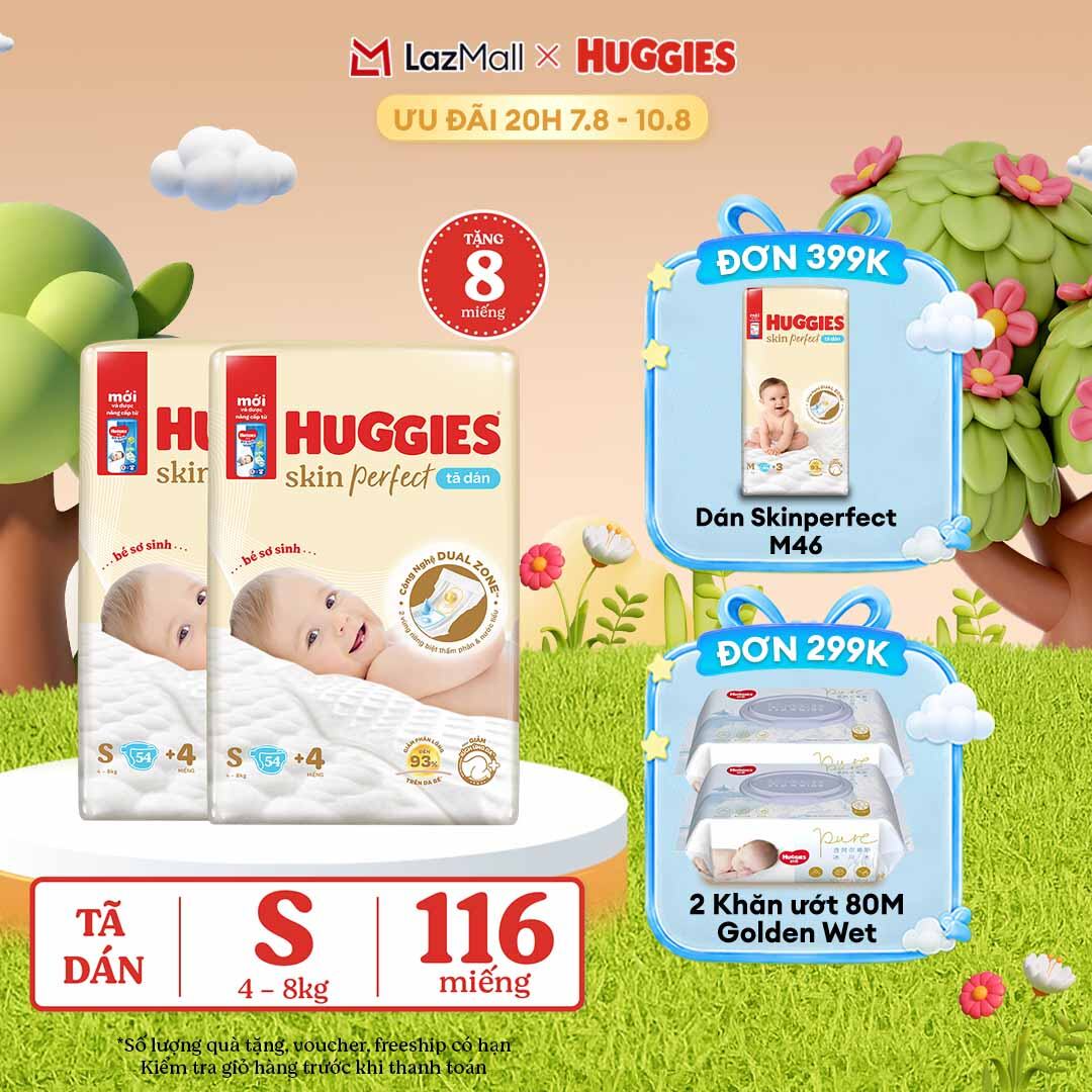 [20h 7-10.8 QUÀ TẶNG ĐƠN 0Đ] Combo 2 Tã/bỉm dán sơ sinh Huggies Skin Perfect S 54 miếng với 2 vùng thấm giảm kích ứng da