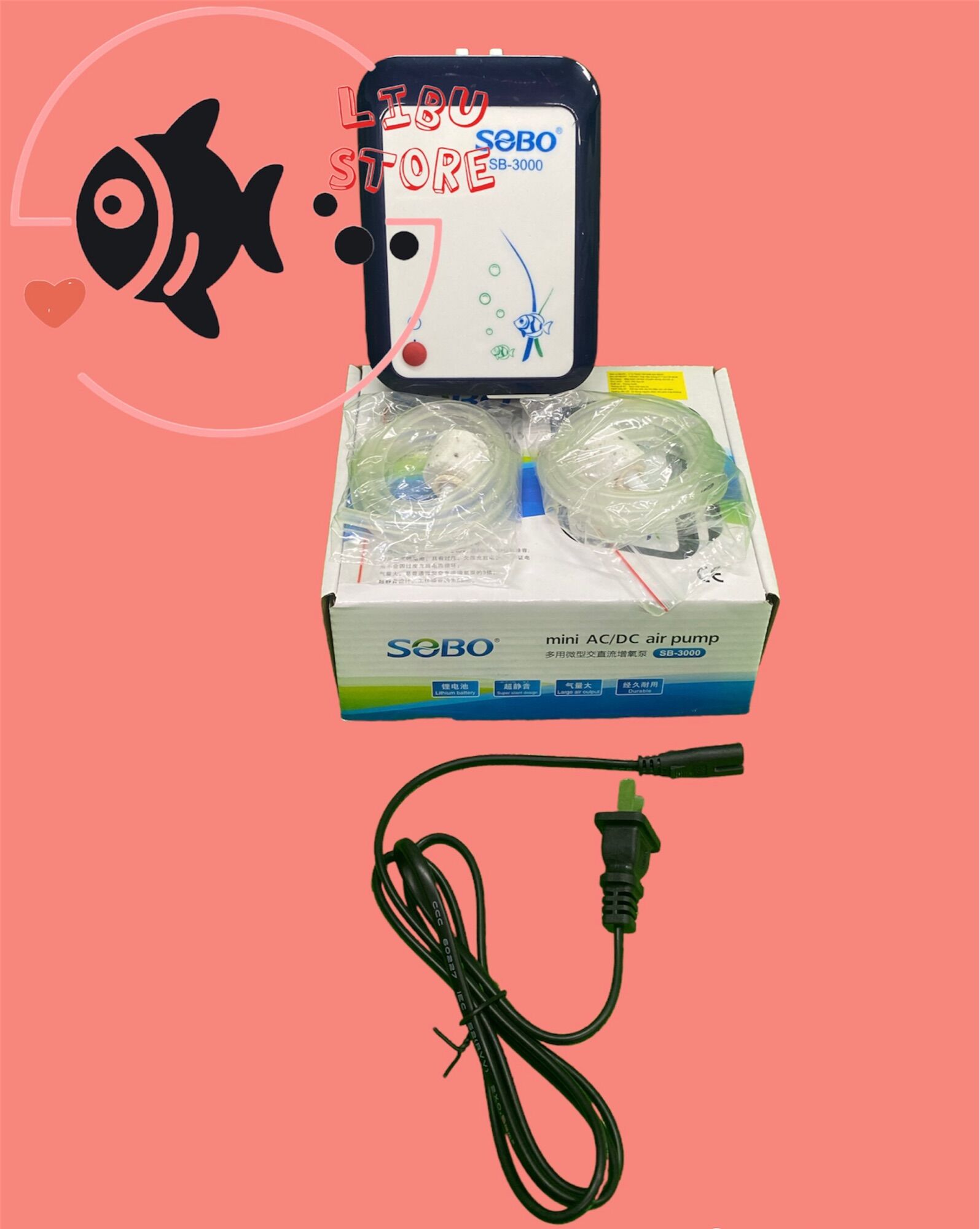 Máy Oxy Tích Điện 2 Vòi SOBO SB-3000 Cho Hồ Cá