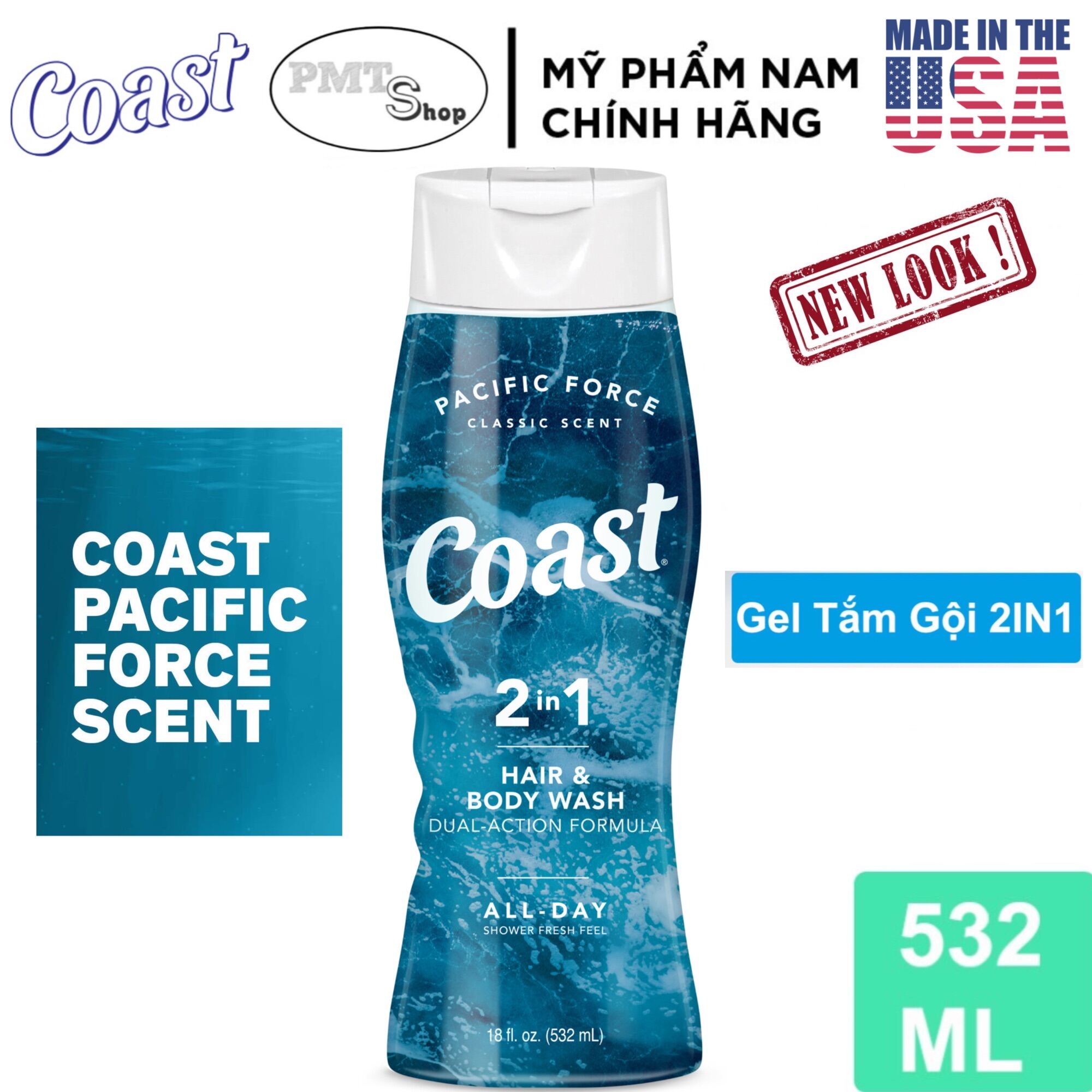[USA] Dầu tắm gội nam 2in1 Coast Hair & Body Wash Classic Scent 532ml Pacific Force - Mỹ nhập khẩu
