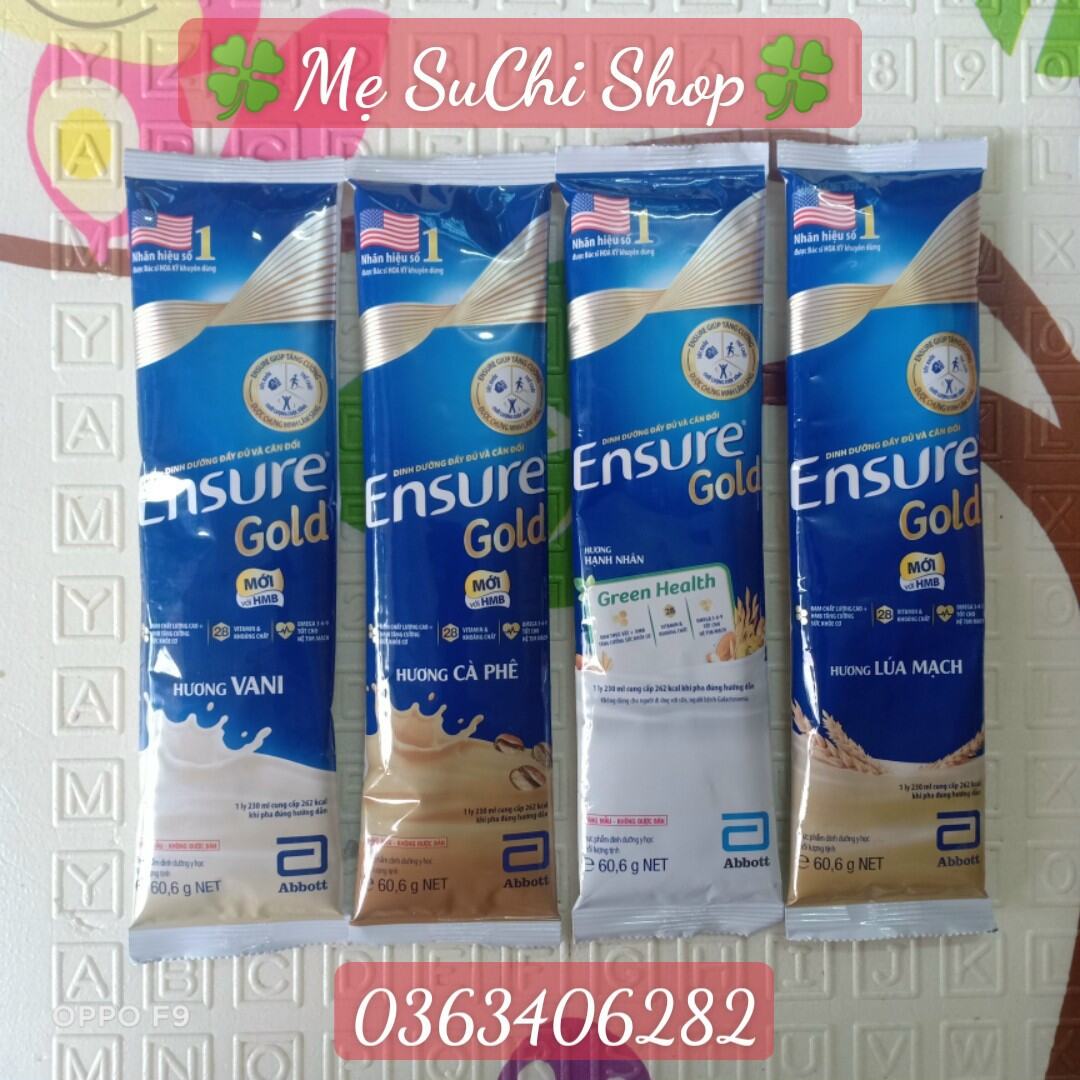 Combo 27 gói Sữa bột Ensure Gold HMB gói hương Vani Hạnh nhân Cafe Ít Ngọt