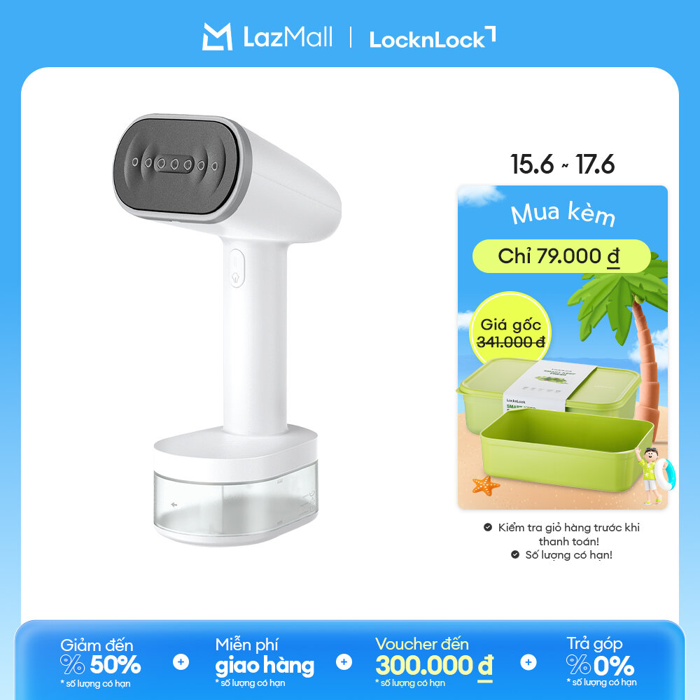 ENI223WHT - Bàn ủi hơi nước cầm tay LockLock - Làm nóng nhanh 30s, Mặt là sứ an toàn, 2 đầu chải đi kèm, tự làm sạch - BH 2 năm