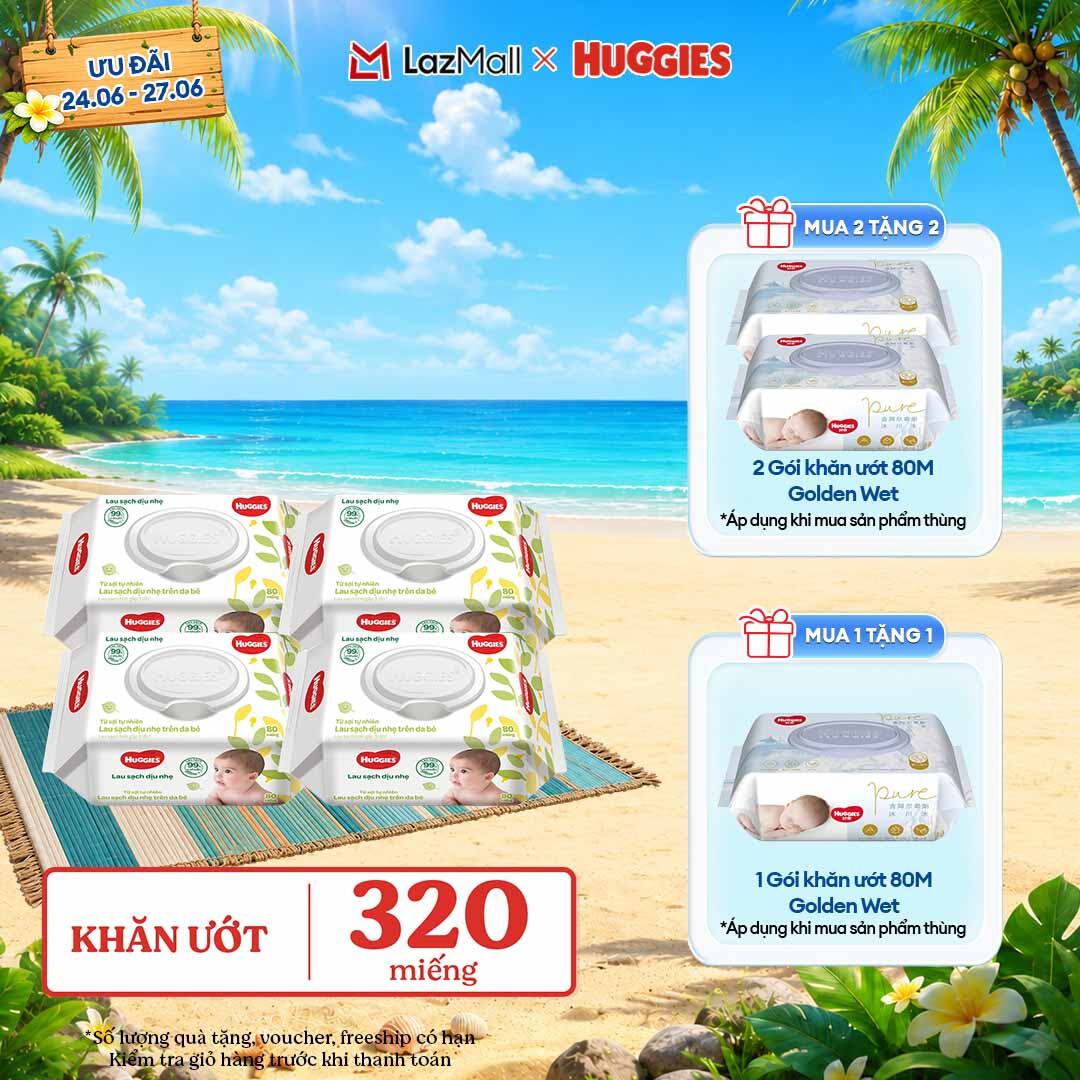 [Chỉ 25-29.06 GIẢM THÊM 90K] Combo 4 gói Khăn giấy ướt cho trẻ sơ sinh HUGGIES 80 miếng không mùi
