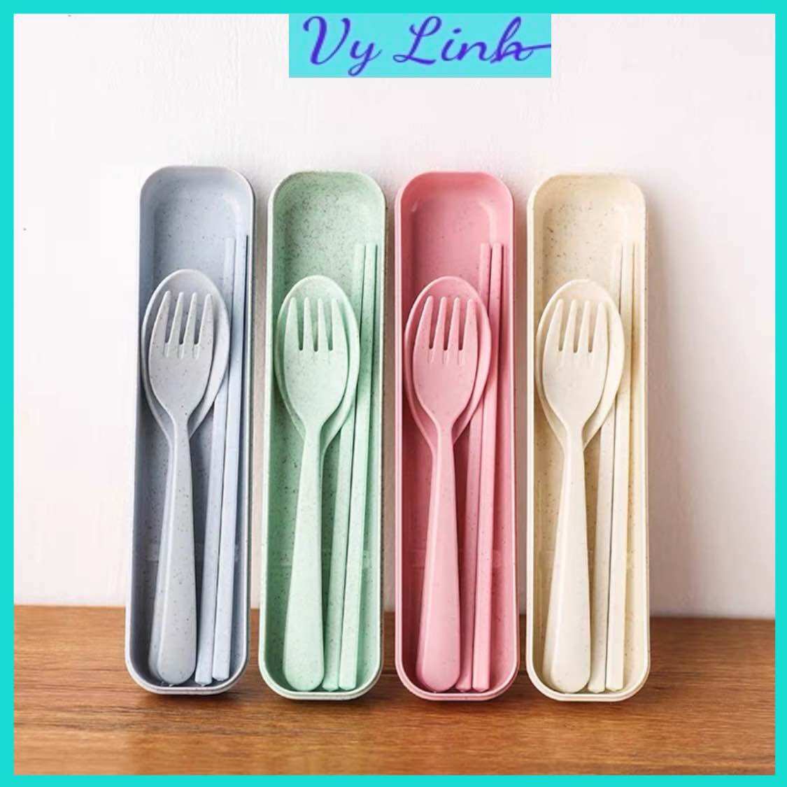 Bộ 3 thìa đũa dĩa có hộp đựng chất liệu lúa mạch an toàn cho bé M10