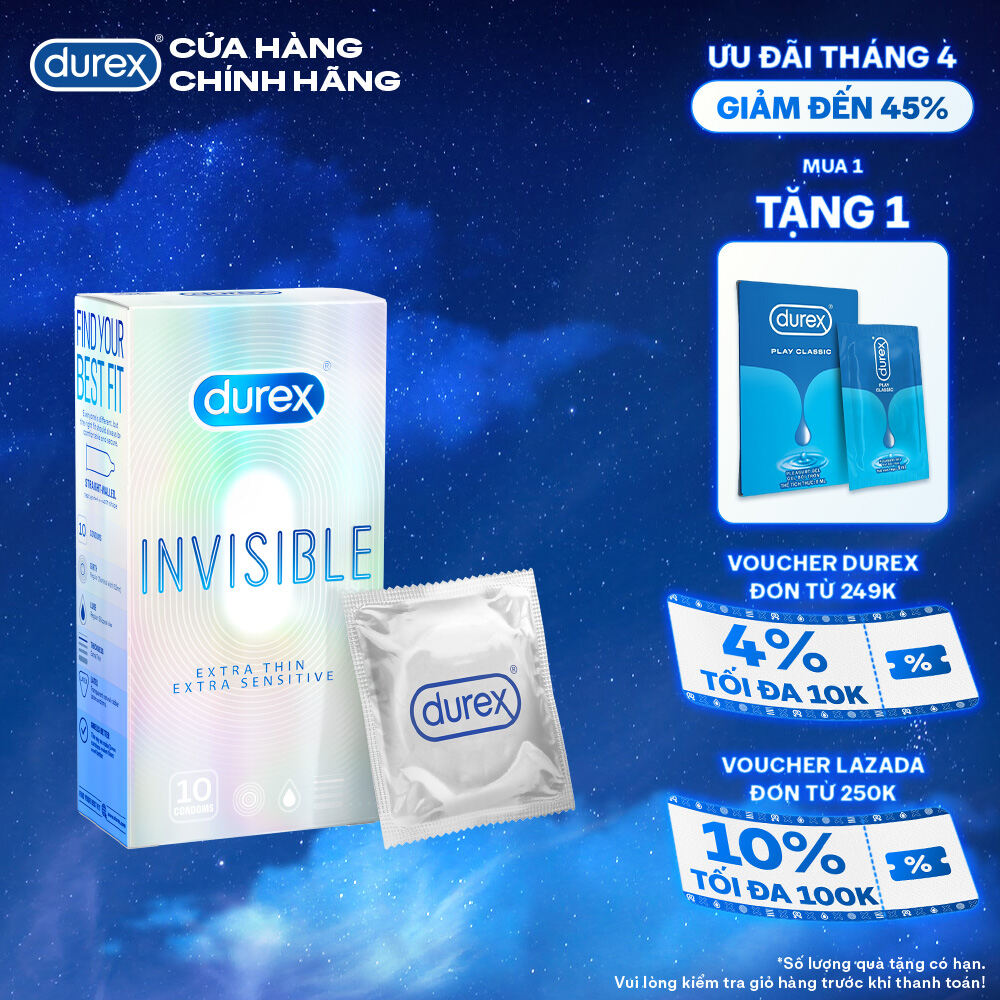Bao cao su Durex Invisible siêu mỏng, size 52mm, hộp 10 bao