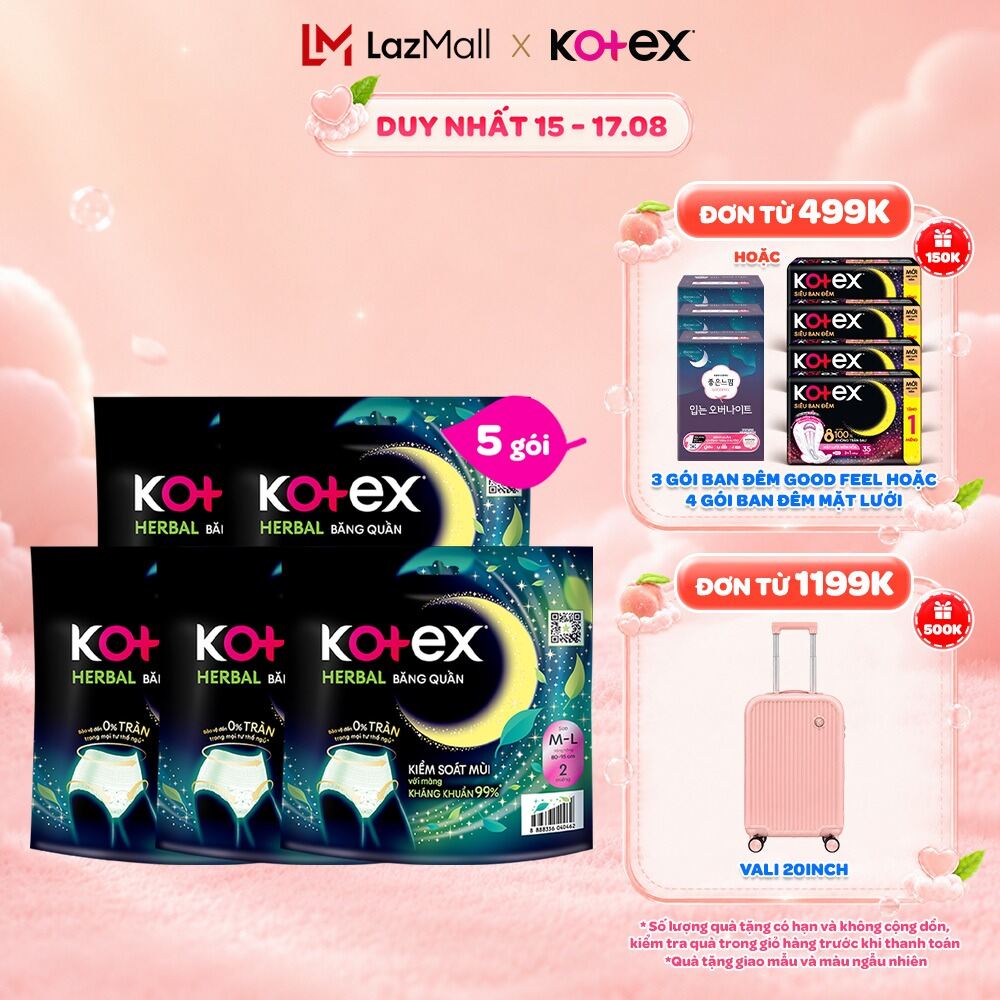 Combo 2/Combo 5/Thùng 16 gói/Băng vệ sinh quần Kotex Ban Đêm Thảo Dược Herbal M-L 2 miếng