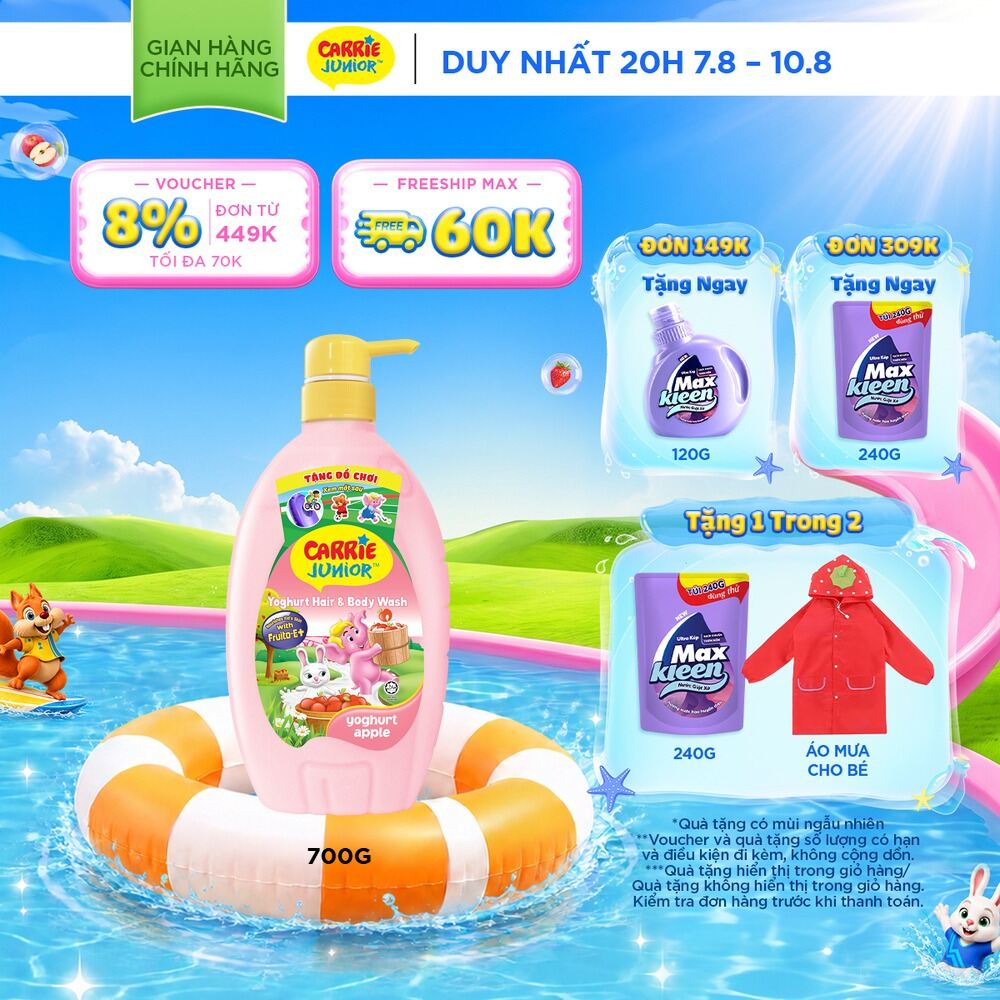 Sữa Tắm Gội Cho Bé Carrie Junior Yoghurt chiết xuất trái cây thiên nhiên hương Táo 700g