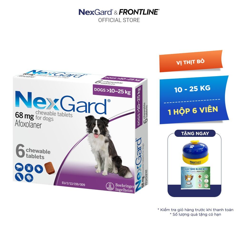 NexGard - Viên nhai mềm phòng & trị ve, rận, bọ chét, ghẻ dành cho Chó size L (10-25kg) - 1 hộp 6 viên